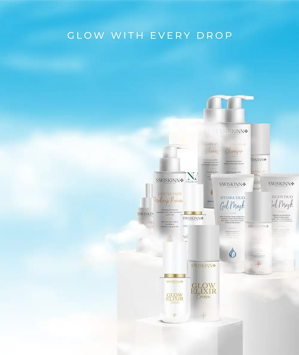 Product Collection Display This shows a comprehensive collection of SWISKINN+ skincare products arranged on white pedestals against a blue sky background, including cleansers, serums, masks, and the "Glow Elixir" products
