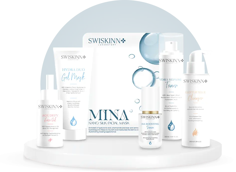 Shows various skincare products from the SWISKINN+ brand including face masks, serums, and treatments arranged in an artistic white/gray circular background